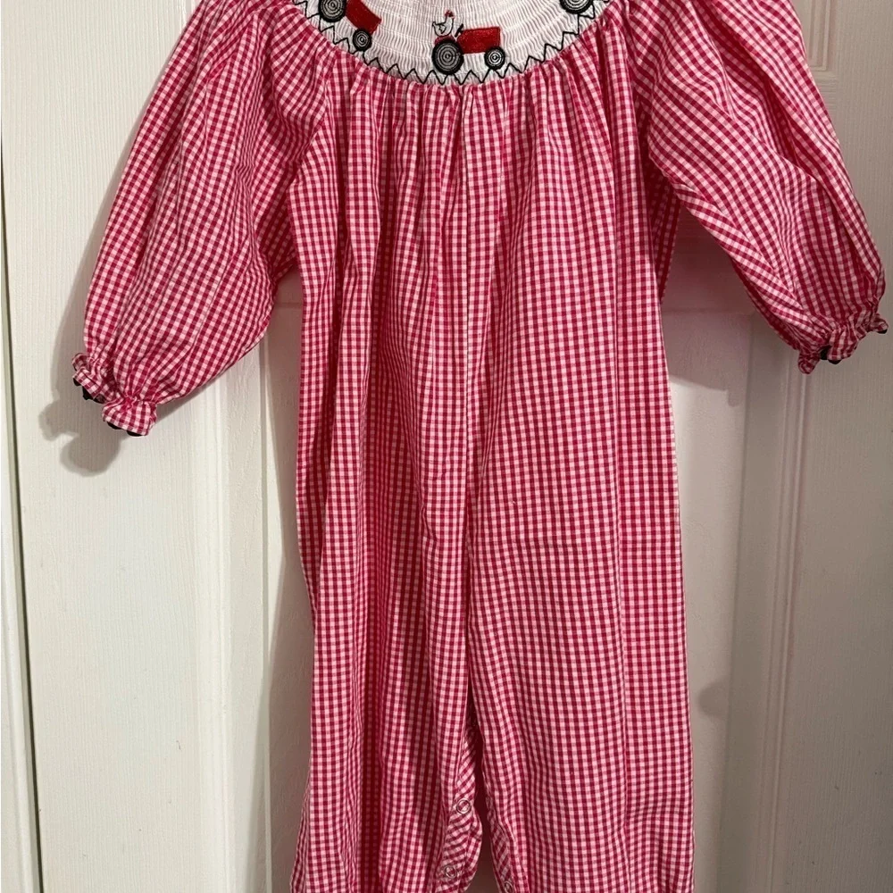 Marie Nicole Smocked Red Wagon Romper
